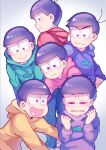  6+boys blue_hoodie brothers crying green_hoodie highres hood hoodie male_focus matsuno_choromatsu matsuno_ichimatsu matsuno_jyushimatsu matsuno_karamatsu matsuno_osomatsu matsuno_todomatsu multiple_boys osomatsu-san pink_hoodie purple_hoodie red_hoodie sextuplets siblings sound_bell yellow_hoodie 