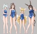  4girls absurdres ahoge amiya_(arknights) animal_ear_fluff animal_ears arknights bangs bare_arms bare_legs bare_shoulders barefoot blonde_hair blue_eyes blue_hairband blue_swimsuit braid breasts cat_ears cat_tail commentary_request covered_navel eyebrows_visible_through_hair eyjafjalla_(arknights) fox_ears fox_tail full_body grey_background grey_eyes hair_rings hairband highres horns long_hair looking_at_viewer medium_breasts multiple_girls multiple_tails one-piece_swimsuit parted_lips rabbit_ears rosmontis_(arknights) seirein_(rikuesuto_teishichuu) sheep_ears sheep_horns silver_hair simple_background standing suzuran_(arknights) swimsuit tail very_long_hair yellow_eyes 
