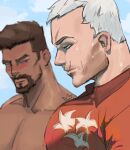  2boys absurdres bara blurry blurry_background blush brown_hair dark-skinned_male dark_skin from_side hawaiian_shirt highres interracial large_pectorals looking_at_another male_focus mature_male meme multiple_boys muscle_envy muscular muscular_male nude old old_man overwatch pectoral_envy_(meme) pectoral_focus pectorals reaper_(overwatch) red_shirt scar scar_on_cheek scar_on_face scar_on_forehead shirt short_hair soldier:_76_(overwatch) upper_body wet white_hair yangtuokawayi yaoi 