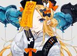  1girl abigail_williams_(fate) absurdres balloon bangs blonde_hair blue_eyes blush bow breasts double_bun dress fate/grand_order fate_(series) forehead hair_bow halloween hat highres jiangshi konsento long_hair long_sleeves looking_at_viewer ofuda parted_bangs qing_guanmao small_breasts smile solo white_dress wide_sleeves 