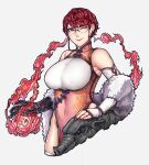  1girl bangs bare_shoulders breasts china_dress chinese_clothes closed_mouth commentary detached_sleeves dress earrings english_commentary feather_boa fire glasses highres jewelry large_breasts looking_at_viewer mole mole_under_eye nattapuumuu one_eye_closed original prosthesis prosthetic_arm purple_eyes red_hair red_nails short_hair simple_background smile solo 