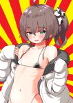  1girl :d ahoge bikini black_bikini blush brown_hair eyebrows_visible_through_hair flat_chest green_eyes hair_between_eyes hands_up highres hololive jacket long_sleeves looking_at_viewer micro_bikini natsuiro_matsuri navel one_side_up open_clothes open_jacket sabaku_chitai sleeves_past_wrists smile solo standing swimsuit undressing virtual_youtuber white_jacket 