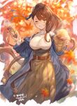  1girl absurdres asymmetrical_bangs autumn_leaves ayacho bangs beatrix_(granblue_fantasy) belt blue_coat blurry blurry_background blush breasts brown_hair coat commentary_request commission dress english_text food food_on_face granblue_fantasy green_dress green_eyes grin hair_ribbon highres holding holding_food incoming_food large_breasts leaf long_dress long_hair long_sleeves maple_leaf off_shoulder one_eye_closed open_clothes open_coat open_mouth outdoors pinafore_dress ponytail reaching_out ribbon shirt skeb_commission smile solo steam sweet_potato taut_clothes taut_shirt teeth thank_you turtleneck underbust very_long_hair white_shirt 
