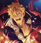  1boy bara cross_scar curran_(dragalia_lost) dragalia_lost embers facial_hair fire goatee hair_between_eyes highres jewelry long_sideburns male_focus mature_male muscular muscular_male necklace one_eye_closed pectoral_cleavage pectorals scar scar_on_face scar_on_forehead short_hair sideburns solo upper_body wind yaosan233 