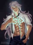  1boy abs alternate_costume bara bare_pectorals black_necktie body_markings casual come_hither dark-skinned_male dark_skin fate/apocrypha fate/grand_order fate_(series) green_eyes grey_hair highres long_hair looking_at_viewer loose_necktie male_focus male_pubic_hair muscular muscular_male navel necktie one_eye_closed open_fly pectorals pubic_hair pubic_hair_peek seductive_smile siegfried_(fate) sleeves_rolled_up smile smirk solo stomach undressing yaosan233 