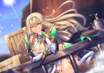  1girl bangs bare_legs bare_shoulders blonde_hair breasts chest_jewel cleavage cleavage_cutout clothing_cutout dress earrings elbow_gloves gloves jewelry large_breasts long_hair mythra_(xenoblade) short_dress swept_bangs thigh_strap tiara very_long_hair white_dress white_gloves xenoblade_chronicles_(series) xenoblade_chronicles_2 yellow_eyes yui_sora 