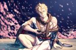  1boy bara bare_pectorals cherry_blossoms cross_scar crossed_legs cup curran_(dragalia_lost) dragalia_lost falling_petals feet_out_of_frame hair_between_eyes highres japanese_clothes kimono leg_hair long_sideburns male_focus mature_male off_shoulder open_clothes open_kimono pectorals petals sakazuki scar scar_on_face scar_on_forehead short_hair sideburns single_bare_shoulder smile solo toned toned_male white_kimono yaosan233 