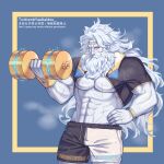  1boy abs alternate_costume bara bare_pectorals beard black_shorts blush bulge cowboy_shot dolphin_shorts dumbbell exercise facial_hair fate/grand_order fate_(series) hair_intakes hand_on_hip highres large_pectorals long_hair male_focus mature_male muscular muscular_male navel one_eye_closed pale_skin pectorals shorts shrug_(clothing) simple_background solo steam sweat very_long_hair white_hair white_shorts yaosan233 zeus_(fate) 