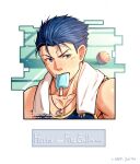  1boy bara bare_shoulders black_tank_top blue_hair fire_emblem food hector_(fire_emblem) highres ice_cream male_focus muscular muscular_male pectoral_cleavage pectorals short_hair sideburns sidepec solo sweat tank_top towel towel_around_neck upper_body yaosan233 
