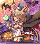  1girl althemia animal_ears bat boots breasts brown_hair candy cape dragalia_lost food fujimaru_(green_sparrow) garter_straps hair_over_one_eye halloween_costume hat jack-o&#039;-lantern knee_boots lollipop medium_breasts medium_hair mini_hat mini_top_hat official_alternate_costume open_mouth purple_eyes rabbit_ears silk solo spider_web top_hat 