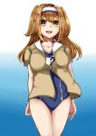  1girl absurdres blue_background breasts brown_eyes clothes_writing collarbone cowboy_shot eyebrows_behind_hair gradient gradient_background green_jacket hair_between_eyes hairband highres i-26_(kancolle) jacket kantai_collection light_brown_eyes light_brown_hair long_hair looking_at_viewer medium_breasts name_tag nanari_(nanari_nannari) new_school_swimsuit one-piece_swimsuit open_mouth sailor_collar school_swimsuit short_sleeves smile solo swimsuit swimsuit_under_clothes two-tone_hairband two_side_up 