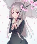  1girl absurdres black_bow black_dress bow cherry_blossoms closed_mouth commentary dress english_commentary flower grey_hair grey_umbrella hair_bow highres holding holding_umbrella kukie-nyan long_hair long_sleeves petals pink_flower red_eyes smile solo sophie_twilight tonari_no_kyuuketsuki-san umbrella 