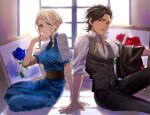  1boy 1girl arm_support black_clover black_hair black_legwear black_vest blonde_hair blue_dress blue_eyes blue_flower blue_rose braid charlotte_roselei cigarette clothing_request couple dress flower gen_me hair_bun highres indoors looking_at_viewer on_floor painting_(object) red_flower red_rose rose side_braid sitting smoking vest window yami_sukehiro 