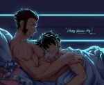  2boys bara bed_sheet blue_eyes brown_hair facial_hair fate/grand_order fate_(series) fujimaru_ritsuka_(male) goatee highres long_sideburns lying male_focus mature_male multiple_boys muscular muscular_male naked_sheet napoleon_bonaparte_(fate) night nipples on_back on_bed pectoral_pillow pectorals short_hair sideburns sleeping sleeping_on_person smile yaoi yaosan233 