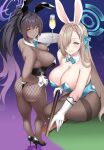  2girls animal_ears ass asuna_(blue_archive) back bare_shoulders black_footwear black_hair black_legwear blonde_hair blue_archive blue_eyes blue_ribbon blush bow bowtie breasts champagne_flute cleavage closed_mouth commentary_request cue_stick cup dark-skinned_female dark_skin detached_collar drinking_glass fake_animal_ears fake_tail fishnet_legwear fishnets from_behind gloves gradient_hair grin hair_over_one_eye hair_ribbon halo hand_on_hip high_heels highres jirusu karin_(blue_archive) long_hair looking_at_viewer looking_back mole mole_on_breast multicolored_hair multiple_girls pantyhose playboy_bunny ponytail pool_table purple_hair rabbit_ears rabbit_tail ribbon sitting smile standing tail thighband_pantyhose tray two-tone_hair very_long_hair white_gloves wine_glass wrist_cuffs yellow_eyes 