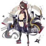  1girl absurdly_long_hair armor black_hair black_shorts black_surge_night blood blood_in_hair blue_eyes burnt chaps flat_chest fox_mask full_body holding holding_sword holding_weapon japanese_clothes long_hair luode_huayuan mask mask_on_head midriff navel official_art oyashio_(black_surge_night) parted_lips rigging scroll short_shorts shorts shuriken smoke solo sword tabi torn_clothes transparent_background very_long_hair weapon 