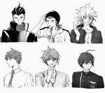  6+boys absurdres ahoge amami_rantarou bangs black_jacket braid breast_pocket buttons collarbone collared_shirt danganronpa_(series) danganronpa_2:_goodbye_despair danganronpa_v3:_killing_harmony double-breasted greyscale hand_up highres hinata_hajime jacket jewelry komaeda_nagito male_focus medium_hair meishi_jiu_he_xingbingle messy_hair monochrome multiple_boys necklace necktie open_clothes open_jacket pocket saihara_shuuichi scarf shirt short_hair side_braid smile souda_kazuichi striped striped_jacket striped_shirt tanaka_gandamu two-tone_shirt 