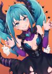  &gt;_&lt; 1boy 2girls absurdres bare_shoulders black_dress blue_eyes blue_hair blush_stickers claw_pose commentary cowboy_shot detached_sleeves dragon_horns dragon_tail dress ghost grin halloween hatsune_miku heart_brooch highres horns jitome kagamine_len kagamine_rin long_hair looking_at_viewer mani_m multiple_girls nail_polish orange_background purple_nails purple_sleeves sharp_teeth sleeveless sleeveless_dress smile tail teeth torn_clothes torn_dress twintails v-shaped_eyebrows vocaloid 