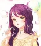  1girl blue_nails bubble bubble_blowing commentary dress english_commentary frilled_dress frills green_eyes hand_up holding jewelry kuzel_(bonolangje) long_hair nail_polish necklace open_mouth original purple_hair solo teeth upper_body upper_teeth white_background yellow_dress 