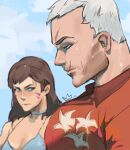  1boy 1girl absurdres bara blurry blurry_background character_request d.va_(overwatch) from_side hawaiian_shirt highres looking_at_another mature_male meme muscle_envy muscular muscular_male old old_man overwatch pectoral_envy_(meme) pectoral_focus pectorals red_shirt scar scar_on_cheek scar_on_face scar_on_forehead shirt short_hair soldier:_76_(overwatch) solo_focus unfinished upper_body wet white_hair yangtuokawayi 
