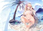  1girl absurdres bangs bare_shoulders barefoot blonde_hair blue_sky blush bottle breasts cloud cloudy_sky day elf full_body hair_ornament highres holding knee_up large_breasts looking_at_viewer navel ocean open_mouth original outdoors palm_tree plastic_bottle pointy_ears purple_eyes revealing_clothes scan see-through shiny shiny_hair simple_background sitting sky solo sora_72-iro stomach swimsuit thigh_strap toes tree water water_bottle water_drop wet 