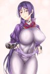  1girl arm_guards bangs black_gloves blush bodysuit breasts closed_mouth commentary covered_navel crying crying_with_eyes_open fate/grand_order fate_(series) fingerless_gloves gloves large_breasts loincloth long_hair looking_at_viewer minamoto_no_raikou_(fate) nattapuumuu parted_bangs pink_background purple_bodysuit purple_eyes purple_hair ribbed_sleeves simple_background solo tears very_long_hair 