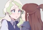  2girls blue_eyes blue_ribbon blush brown_hair closed_mouth collared_shirt commentary diana_cavendish english_commentary eye_contact green_hair kagari_atsuko kukie-nyan little_witch_academia long_hair looking_at_another multicolored_hair multiple_girls neck_ribbon purple_vest ribbon shirt simple_background smile topknot two-tone_hair vest white_background white_hair white_shirt wing_collar 