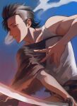  1boy alternate_pectoral_size black_clover black_hair blue_background cigarette gen_me highres katana looking_to_the_side male_focus short_hair sleeveless smoking solo sword toned toned_male weapon yami_sukehiro 