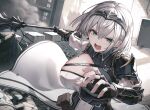  1girl armor black_gloves breasts cleavage commentary_request fingerless_gloves gloves green_eyes headpiece holding holding_weapon hololive large_breasts looking_at_viewer mace mole mole_on_breast myung_yi open_mouth shirogane_noel short_hair solo virtual_youtuber weapon white_hair 