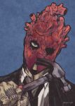  1boy black_jacket black_necktie blue_background dorohedoro green_eyes hammer highres holding holding_hammer jacket kukie-nyan looking_at_viewer male_focus mask necktie one_eye_covered portrait shin_(dorohedoro) shirt solo stitches white_shirt 