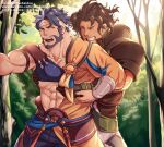  2boys abs asymmetrical_clothes bara beard behind_another biceps bracer chest_harness dark-skinned_male dark_skin dragalia_lost facial_hair feet_out_of_frame forest harness headband highres interracial leather male_focus mature_male multicolored_hair multiple_boys muscular muscular_male nature nipples ranzal_(dragalia_lost) reward_available short_hair stomach sunlight two-tone_hair yaoi yaosan233 zhu_bajie_(dragalia_lost) 