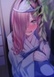  1girl absurdres alternate_hairstyle blurry blurry_foreground blush brown_eyes brown_hair commentary cosplay ghost_costume hair_over_one_eye highres japanese_clothes kimono long_hair looking_at_viewer original rinku_(rin9) tears triangular_headpiece wavy_mouth 
