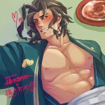  1boy ahoge bara bare_pectorals blush brown_eyes brown_hair commentary_request dark-skinned_male dark_skin dragalia_lost drooling indoors japanese_clothes kimono kurokiookami looking_at_viewer lying male_focus medium_hair muscular muscular_male nipples on_back open_clothes open_kimono partial_commentary pectoral_focus pectorals ranzal_(dragalia_lost) smile solo translated upper_body 