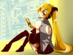  1girl akita_neru back_cutout bare_shoulders black_legwear black_skirt black_sleeves blonde_hair clothing_cutout commentary detached_sleeves diagram grey_shirt hair_ornament head_tilt headphones headset holding holding_phone kagamine_len knees_up long_hair looking_at_viewer looking_back miniskirt negima0519 open_mouth phone pleated_skirt shirt shoulder_tattoo side_ponytail sitting skirt sleeveless sleeveless_shirt solo tattoo thighhighs v-shaped_eyebrows very_long_hair vocaloid yellow_eyes 