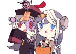  2girls :d :o bangs black_hair blue_eyes blush candy chibi cosplay dual_persona food frankenstein&#039;s_monster frankenstein&#039;s_monster_(cosplay) fu_hua fu_hua_(herrscher_of_sentience) hair_between_eyes halloween halloween_bucket halloween_costume highres honkai_(series) honkai_impact_3rd jiangshi long_sleeves multiple_girls omutu_0809 open_mouth red_eyes simple_background smile torn_clothes trick_or_treat v-shaped_eyebrows white_background younger 