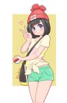  1girl artist_name bag bangs beanie black_hair blue_eyes blunt_bangs blush bob_cut closed_mouth collarbone commentary english_commentary flat_chest floral_print green_shorts hand_up happy hat heart holding holding_poke_ball kionant legs_together looking_at_viewer pocket poke_ball poke_ball_(basic) poke_ball_symbol poke_ball_theme pokemon pokemon_(game) pokemon_sm red_headwear selene_(pokemon) shiny shiny_hair shirt short_hair short_shorts short_sleeves shorts shoulder_bag signature simple_background smile solo standing tied_shirt two-tone_background v yellow_background yellow_shirt 
