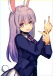  1girl animal_ears bangs blue_jacket breasts buttons collar collared_shirt eyebrows_visible_through_hair hair_between_eyes hands_up highres jacket kujikimi long_hair long_sleeves looking_at_viewer medium_breasts necktie open_mouth pointing purple_eyes purple_hair rabbit_ears rabbit_tail red_necktie reisen_udongein_inaba shirt simple_background skirt smile solo tail touhou white_background white_shirt white_skirt 