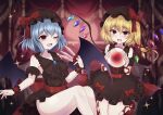  2girls absurdres alternate_color arm_ribbon ascot back_bow bangs bat_wings between_fingers black_ascot black_dress blonde_hair blue_hair bow breasts check_commentary collarbone commentary commentary_request detached_sleeves dress eyebrows_visible_through_hair fang flandre_scarlet frilled_dress frilled_shirt_collar frilled_skirt frills hair_between_eyes hat hat_bow highres holding holding_knife knife knives_between_fingers looking_at_viewer mary_janes medium_breasts mob_cap multiple_girls open_mouth puffy_short_sleeves puffy_sleeves red_bow red_eyes red_footwear red_ribbon remilia_scarlet ribbon shoes short_hair short_sleeves siblings side_ponytail sisters skin_fang skirt sparkle subaru_(subachoco) thighs touhou wings wrist_cuffs 