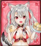  1girl :3 airi_(akamichiaika) animal_ear_fluff animal_ears azur_lane baozi bare_shoulders braid breasts breasts_apart chinese_clothes collarbone eyebrows_visible_through_hair fang food grey_hair hair_between_eyes hair_ribbon highres holding holding_food holding_tray long_hair looking_at_viewer marker_(medium) medium_breasts open_mouth red_eyes red_ribbon revealing_clothes ribbon short_twintails skin_fang solo tail thick_eyebrows traditional_media tray twintails upper_body wolf_ears wolf_girl wolf_tail yuudachi_(azur_lane) 