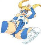  1girl blonde_hair blue_eyes blue_leotard breasts clothing_cutout large_breasts leotard long_hair mask open_mouth rainbow_mika shoulder_cutout simple_background solo street_fighter street_fighter_zero_(series) tsukudani_(coke-buta) twintails white_background wrestling_outfit 