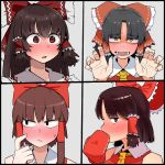  4girls bad_id bangs benikurage_(cookie) black_hair blush bow brown_eyes brown_hair closed_mouth commentary_request cookie_(touhou) drooling embarrassed eyebrows_visible_through_hair frilled_bow frilled_hair_tubes frilled_shirt_collar frills grey_background hair_bow hair_tubes hakurei_reimu hands_up highres kanna_(cookie) long_hair looking_at_viewer looking_to_the_side medium_hair multiple_girls necktie nose_blush ohasi open_mouth parted_bangs red_bow red_mittens red_shirt reu_(cookie) sananana_(cookie) shirt short_hair short_hair_with_long_locks simple_background sleeveless sleeveless_shirt smile touhou upper_body yellow_eyes yellow_necktie 