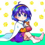  1girl :&lt; :3 ahoge blue_eyes blue_hair blush calico cape cat cloak closed_eyes closed_mouth commentary_request dress goutokuji_mike_(cat) highres looking_at_viewer multicolored_clothes multicolored_dress multicolored_hairband orange_sleeves patchwork_clothes paw_print paw_print_background pink_legwear pote_(ptkan) rainbow_gradient red_button red_sleeves sitting socks tenkyuu_chimata touhou white_cape white_cloak zipper 