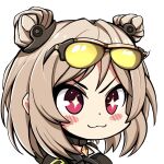  &gt;:) 1girl :3 bangs blush_stickers breasts chibi choker double_bun eyewear_on_head girls&#039;_frontline highres hood light_brown_hair p90_(girls&#039;_frontline) portrait red_eyes smile smug solo sparkling_eyes sunglasses v-shaped_eyebrows yan_kodiac 