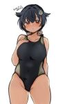  1girl artist_name bare_arms bare_legs bare_shoulders black_hair black_swimsuit blush breasts collarbone cowboy_shot dated eyebrows_visible_through_hair hair_between_eyes hair_flaps hair_ornament highres jingei_(kancolle) kantai_collection kirisawa_juuzou large_breasts long_hair one-piece_swimsuit red_eyes simple_background solo swimsuit white_background 