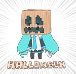  1girl absurdres aqua_eyes aqua_hair axe black_legwear black_skirt black_sleeves blue_necktie chibi commentary creeper detached_sleeves diamond_hoe dual_wielding emphasis_lines grey_shirt halloween hatsune_miku hatsune_negame highres hoe holding holding_axe jack-o&#039;-lantern minecraft miniskirt necktie pleated_skirt pumpkin_mask shirt skirt sleeveless sleeveless_shirt solid_oval_eyes solo standing twintails vocaloid 