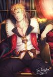  1boy bara between_pectorals black_pants bulge couch cross_scar curran_(dragalia_lost) dragalia_lost facial_hair feet_out_of_frame goatee hair_between_eyes harness head_tilt highres holding jewelry looking_at_viewer male_focus mature_male muscular muscular_male necklace on_couch pants partially_unbuttoned pectoral_cleavage pectorals scar scar_on_face scar_on_forehead short_hair sideburns sitting solo thick_thighs thighs tight tight_pants yaosan233 