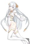  1girl ar_tonelico ar_tonelico_i blue_eyes braid breasts gloves hair_ornament highres kinakonato leotard long_hair looking_at_viewer open_mouth shurelia silver_hair simple_background solo thighhighs twin_braids very_long_hair white_background white_hair white_legwear 