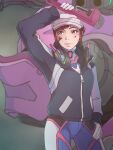  1girl alternate_hairstyle baseball_cap blue_bodysuit bodysuit brown_eyes brown_hair d.va_(overwatch) dirty dirty_face gloves hand_on_hip hat headphones headphones_around_neck highres jacket kukie-nyan mecha overwatch parted_lips ribbed_bodysuit shooting_star_d.va skin_tight solo wrench 