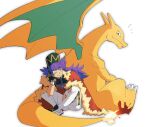  1boy baseball_cap cape champion_uniform charizard closed_mouth dynamax_band facial_hair fire flame fur-trimmed_cape fur_trim gloves hand_up hat highres leggings leon_(pokemon) long_hair male_focus morio_(poke_orio) notice_lines one_eye_closed pokemon pokemon_(creature) pokemon_(game) pokemon_swsh purple_hair red_cape shirt shoes shorts single_glove sitting smile symbol-only_commentary tail-tip_fire white_legwear white_shorts yellow_eyes 