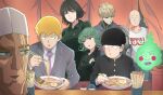  2girls 6+boys absurdres bald black_dress black_eyes black_hair black_sclera blonde_hair breasts chef_hat chopsticks clothes_writing colored_sclera creator_connection crossed_arms crossover curly_hair cyborg dress eating ekubo_(mob_psycho_100) flat_chest flat_top_chef_hat food formal fubuki_(one-punch_man) genos green_eyes hat highres holding holding_chopsticks hood hooded_jacket jacket kageyama_shigeo king_(one-punch_man) kukie-nyan large_breasts looking_at_another looking_to_the_side mechanical_arms mob_psycho_100 multiple_boys multiple_girls necktie noodles one-punch_man open_mouth oppai_hoodie ramen reigen_arataka saitama_(one-punch_man) scar scar_across_eye scar_on_face school_uniform shirt short_hair siblings single_mechanical_arm sisters sitting smile suit tatsumaki white_shirt wing_collar yellow_eyes 
